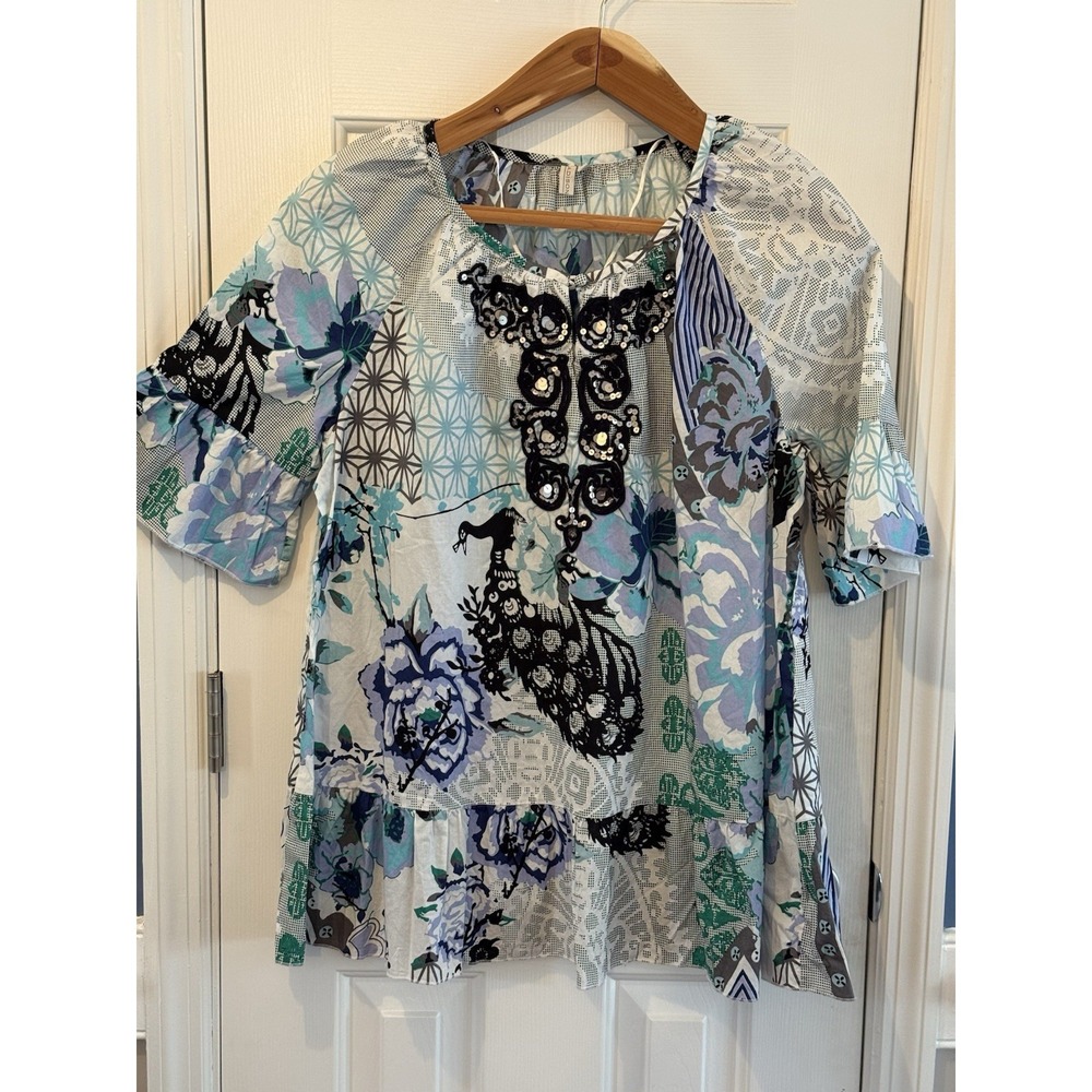 Madison XL Boho Multiple Print Shirt Floral Flowy Spring Blue 100% Cotton India